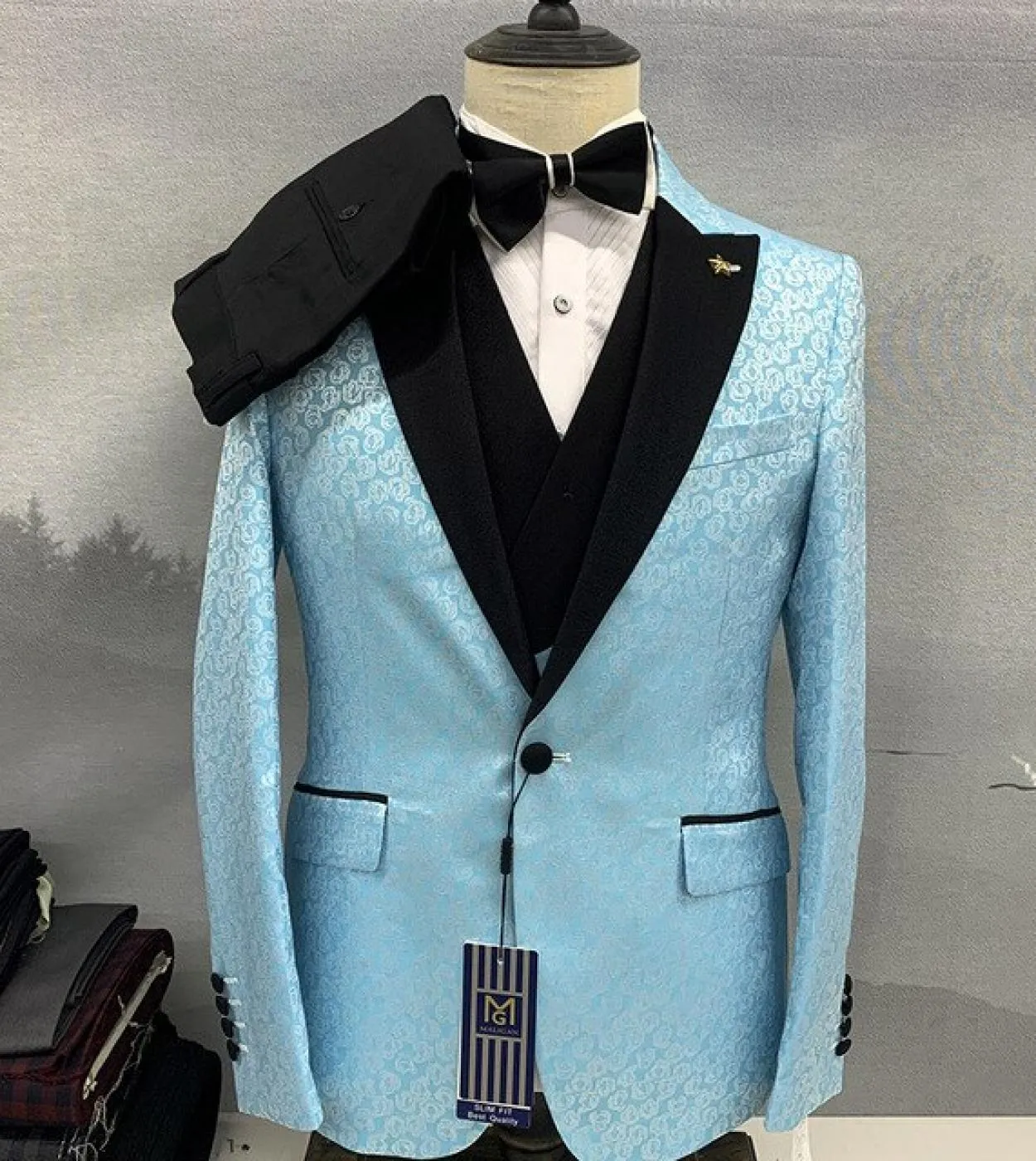 2022 Fashion New Casual da uomo Boutique Business Slim Wedding Host Jacquard Dark Pattern Suit Jacket Pants Vest 3 Pcs Bla
